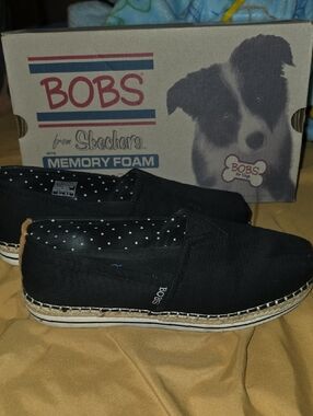 Skechers BOBS Black Slip-On Espadrille with Polka Dot Lining